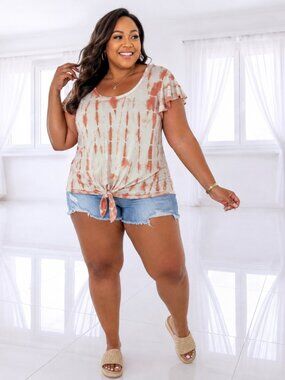 Studio 12 Plus Size 2X Rust Tie Dye Knot Front Boho Short Sleeve Blouse Top